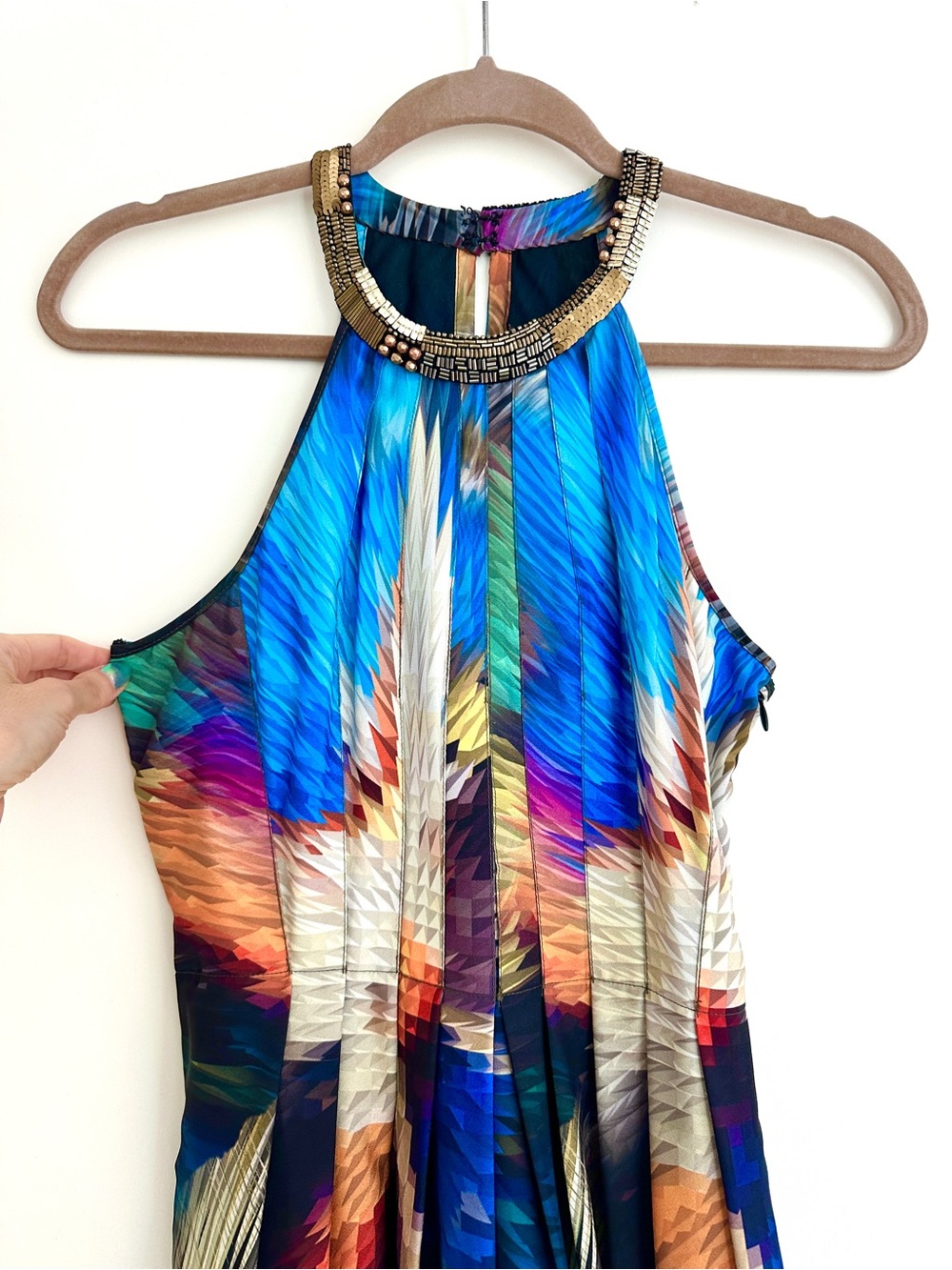 Blue Multicolor Abstract Beaded Halter Maxi Dress - Anthropologie - Picture 2 of 11
